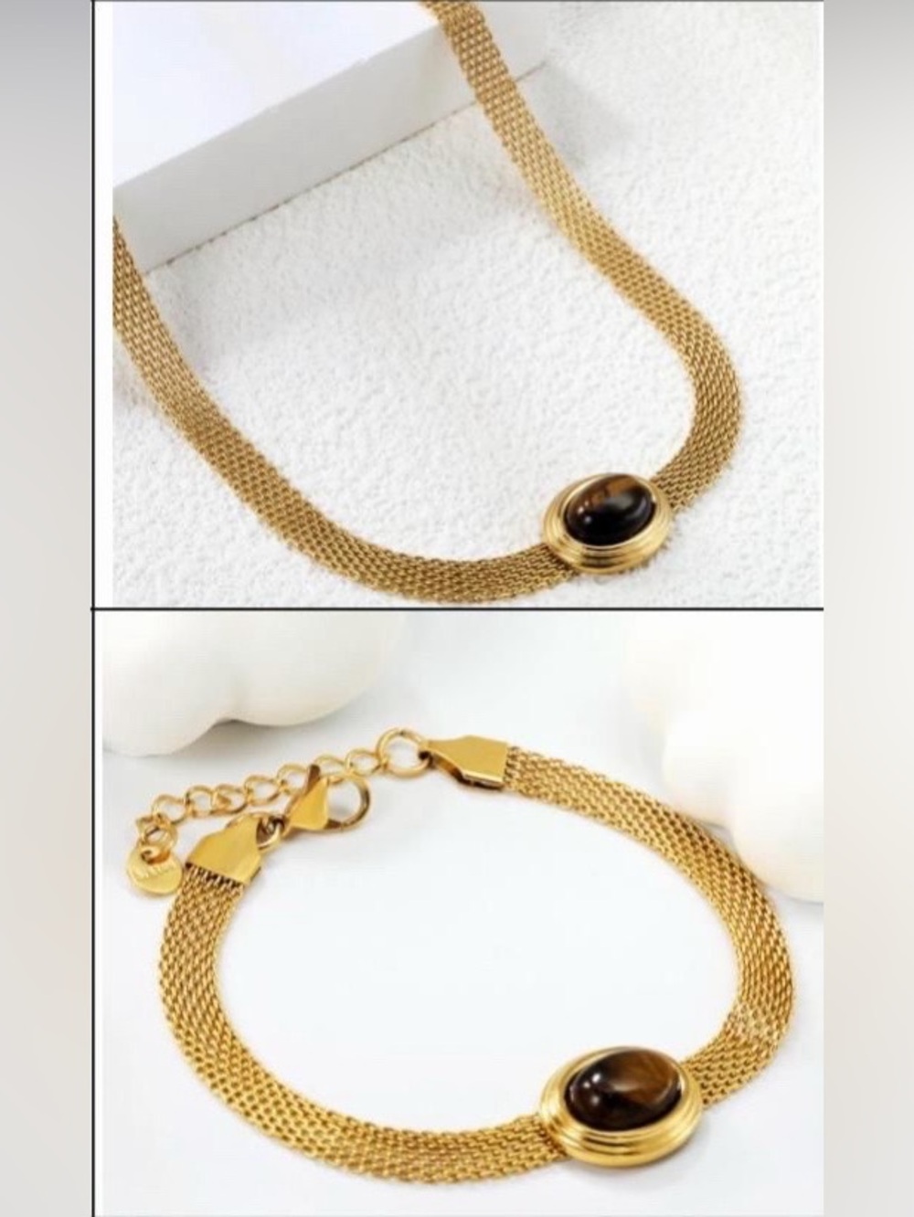 Gold Mesh Bracelet with Cream Stone Accent - Picture 2 of 2
